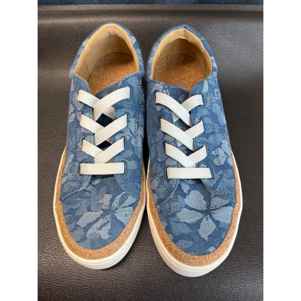 Revitalign Women’s 9 Orthotic SlipOn Sneakers Blue Denim Floral Print Cork trim